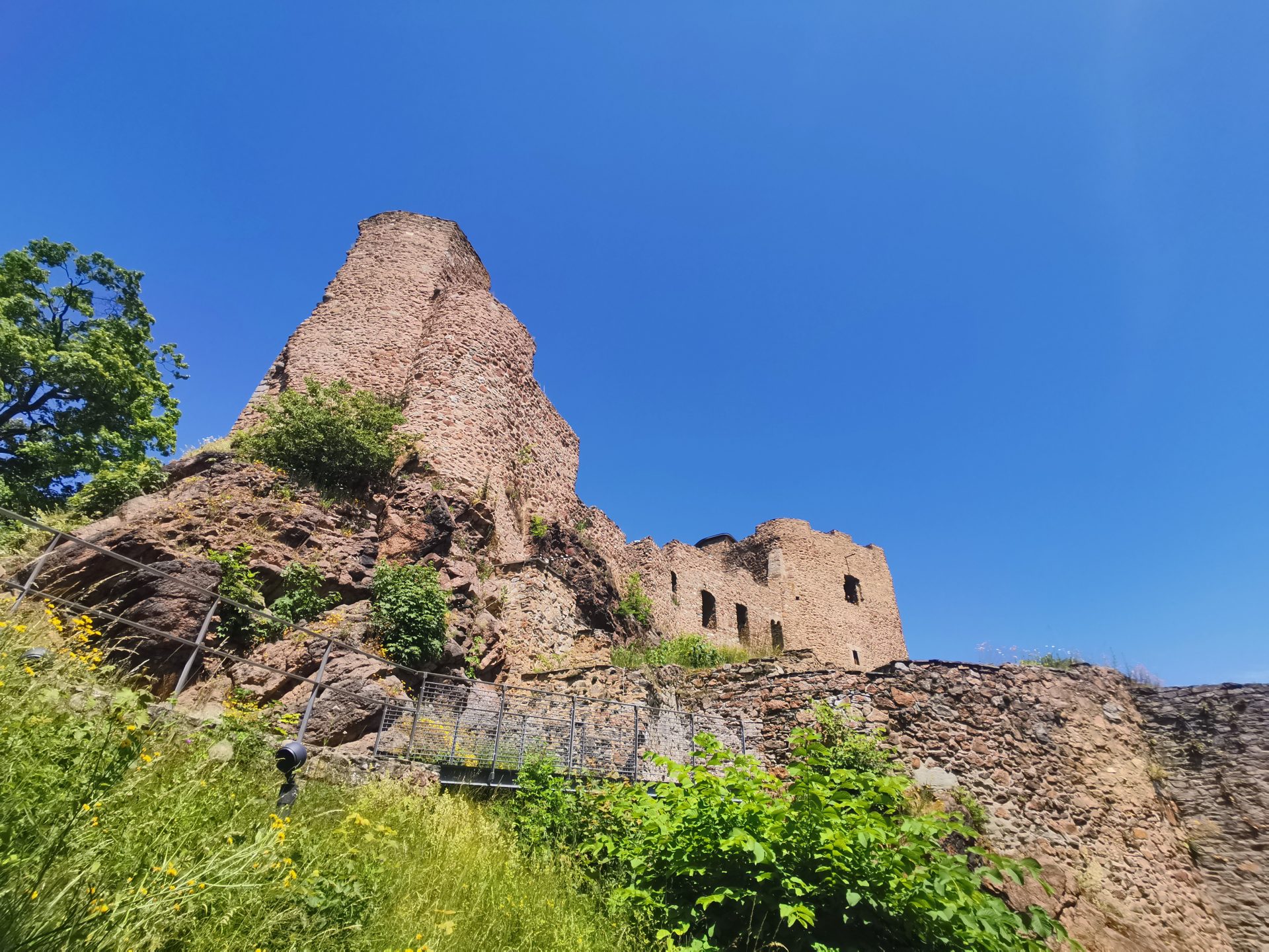 Außenansicht der Burgruine von unten: massiver Turm erhebt sich über den Felsen