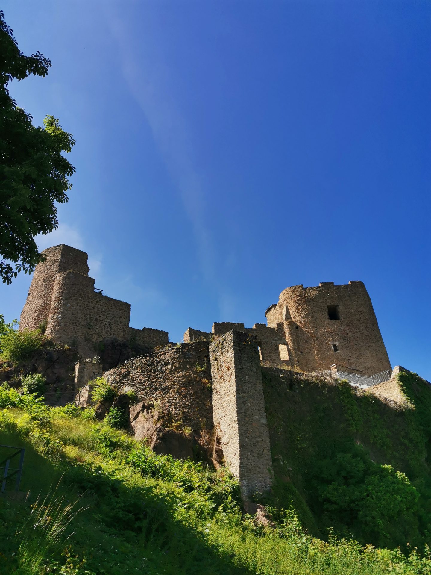 Panoramablick auf die gesamte Burganlage mit zwei markanten Türmen vor blauem Sommerhimmel